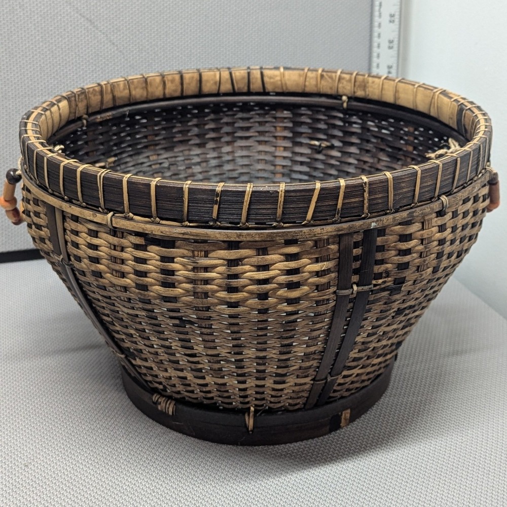 VTG Handcrafted Woven Bamboo Basket Two Tone Round Storage w/ Wood Bead Handles